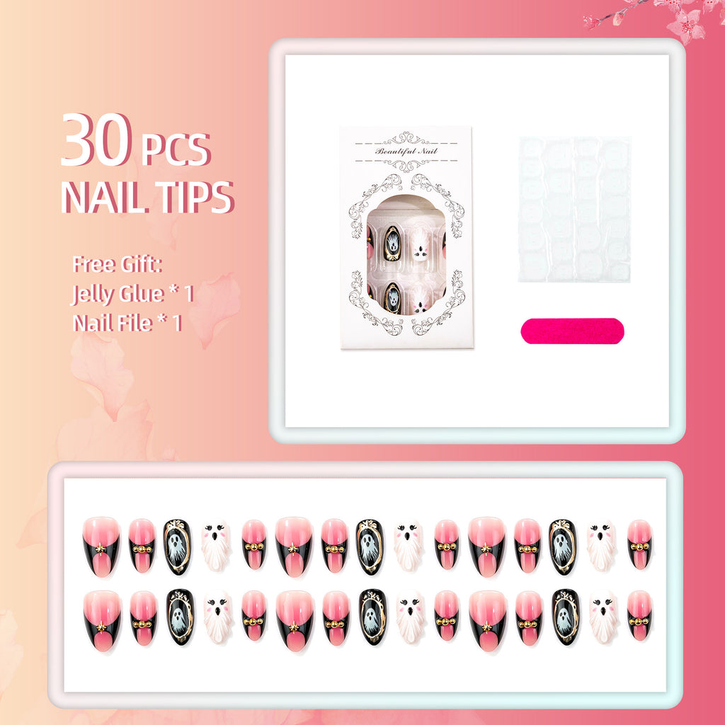 Pink Halloween Ghost Press-On Nails – 3D Gold Almond Nails with Cute Blush Design, 30-Piece Set