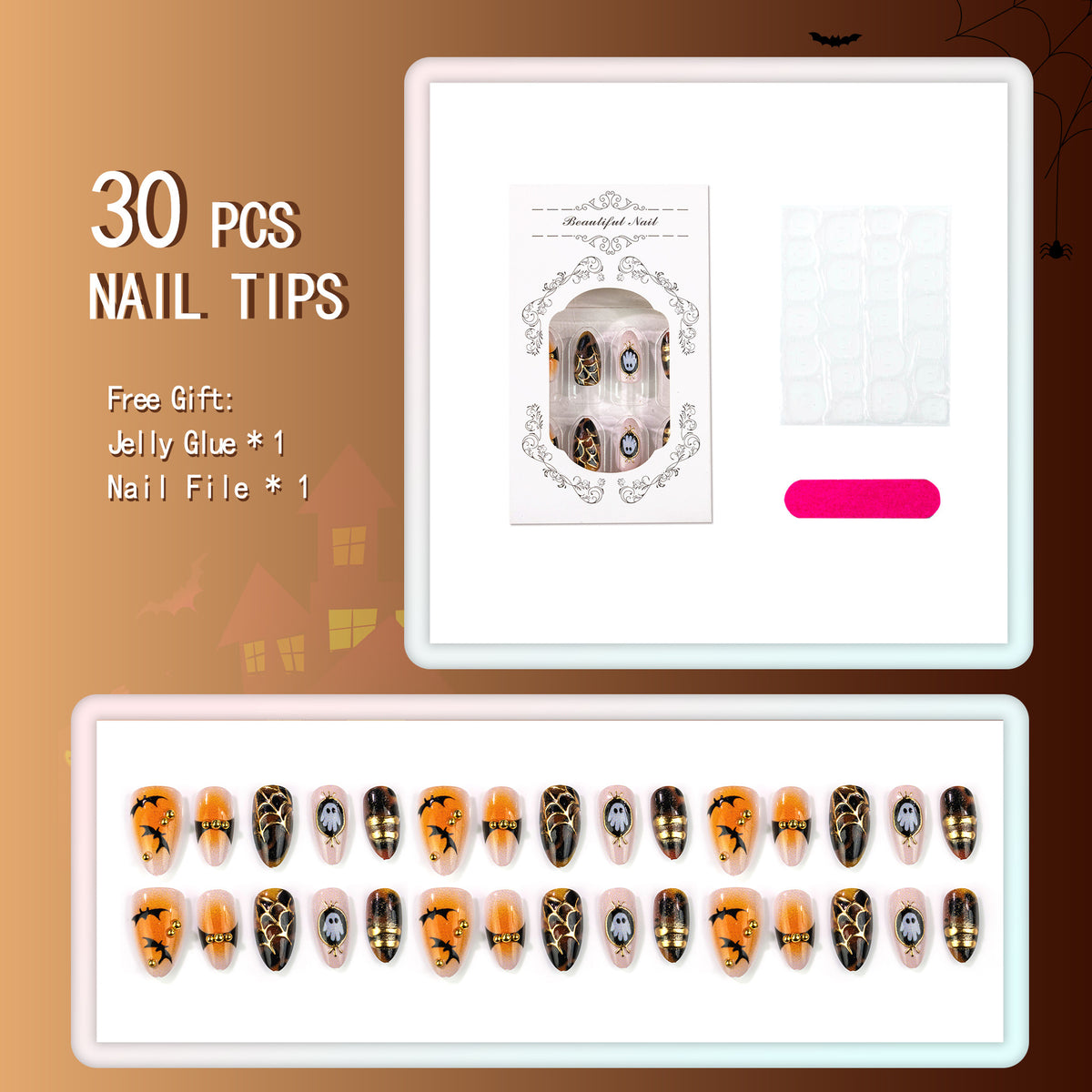 Halloween Ghost Press-On Nails – Gold Spider Web & Bat Almond Nail Design, 30-Piece Set