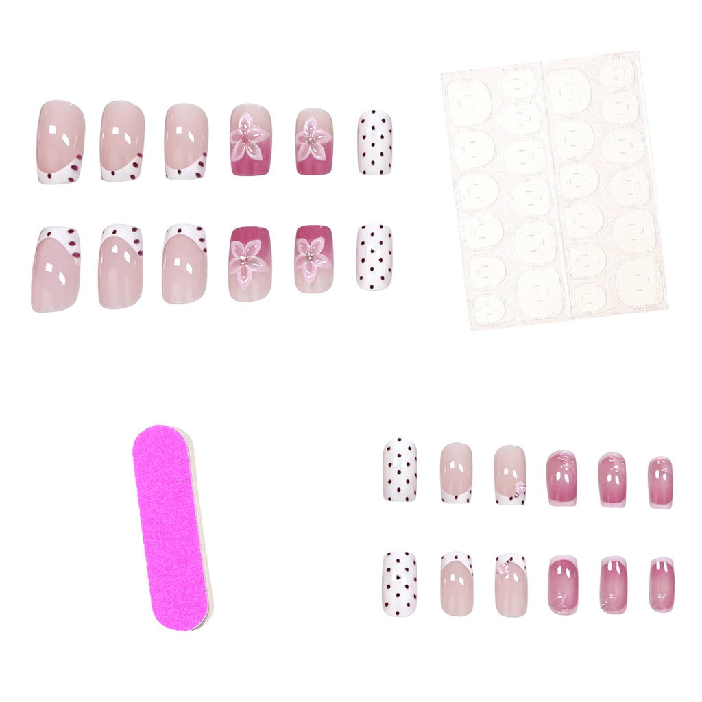Handmade 3D Floral Press-On Nails with Embossed Flowers, Steel Ball Dots & French Tips, Medium-Long Square Nails