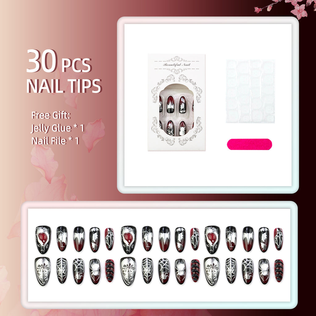 Y2K Halloween 3D Spider & Bat Almond Press-On Nails – Gold Embellished Design, 30-Piece Set
