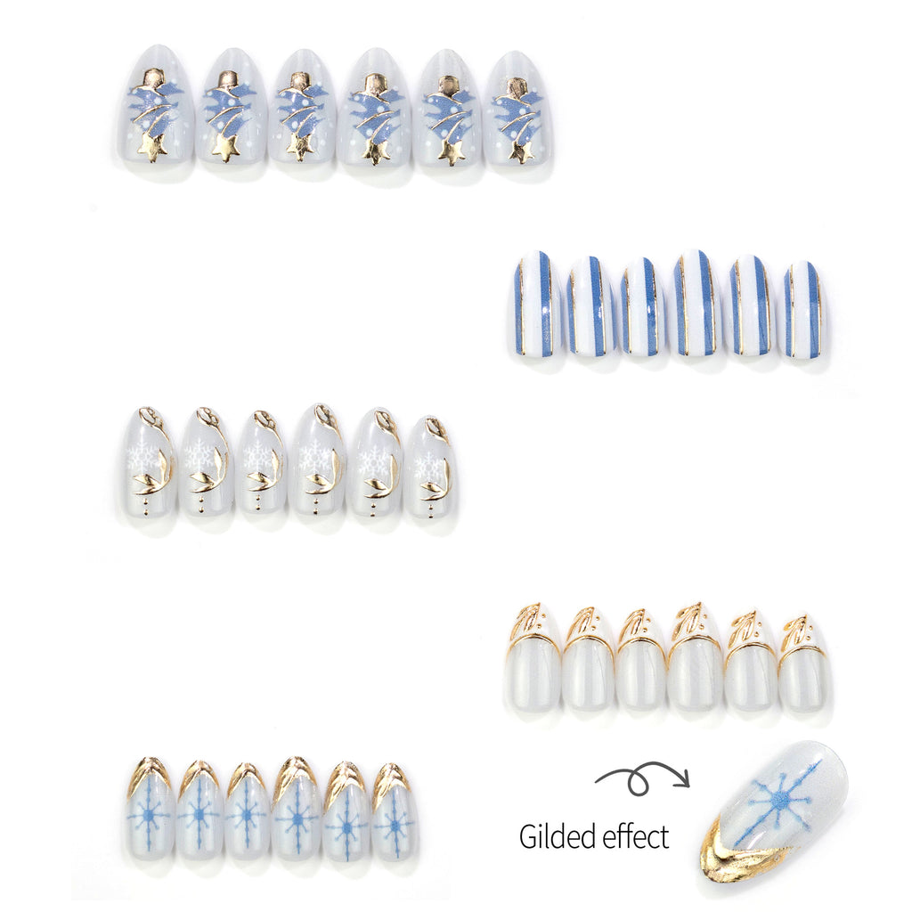 Christmas Gold Almond Press-On Nails – Sparkling Snowflake French Tips & Christmas Tree Design, 30-Piece Set**