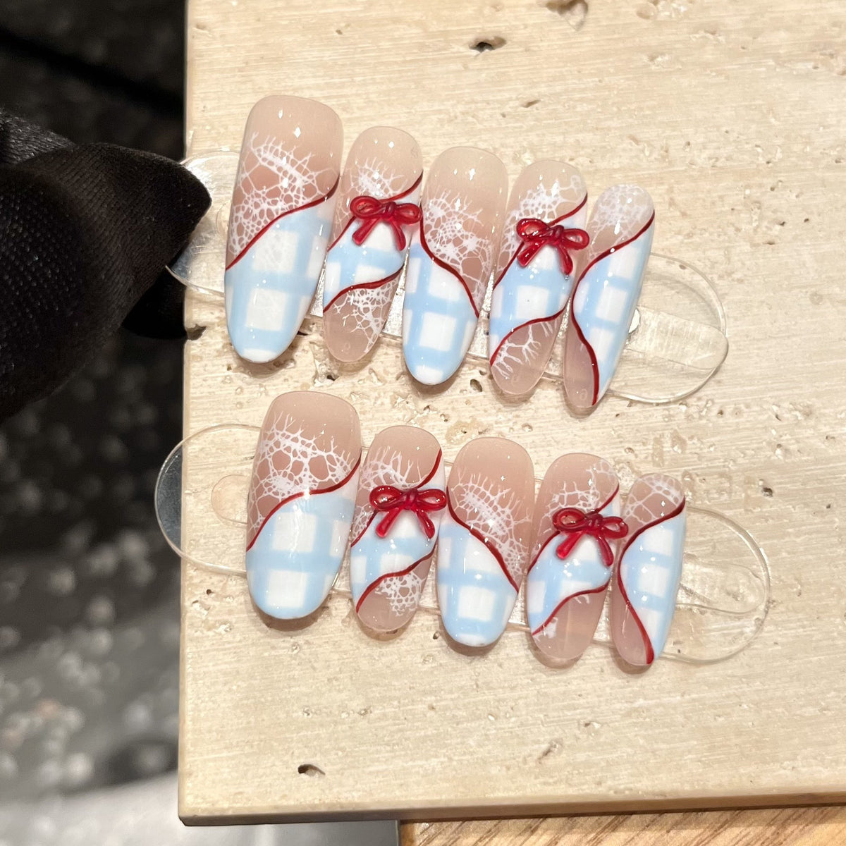 Handcrafted Luxury Blue Plaid Press-On Nails – Blue Lace & Hand-Painted Red Bow Design