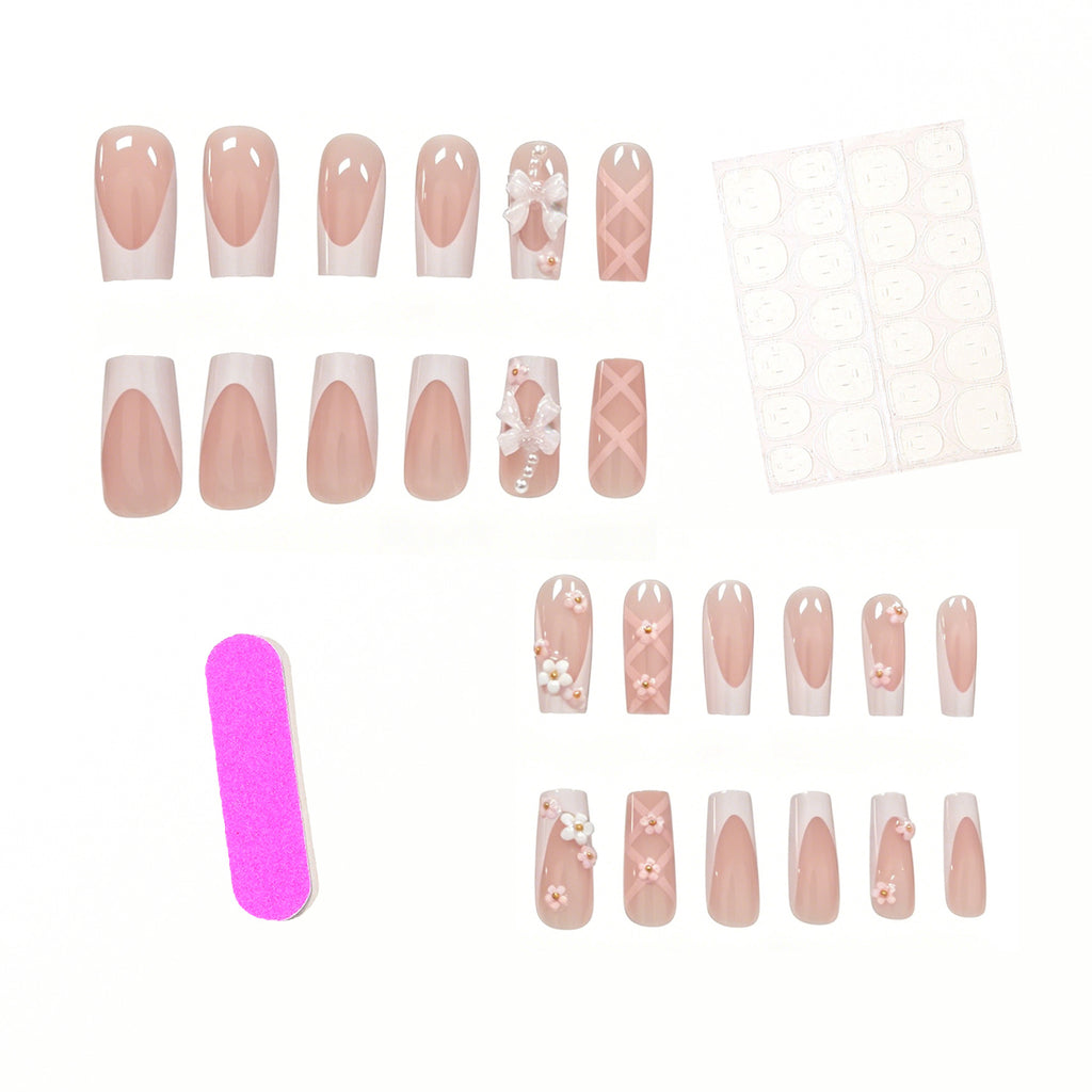 Handmade Pink & White Bow Flower Rhinestone French Press-On Nails, 24-Piece Long Square Fake Nails