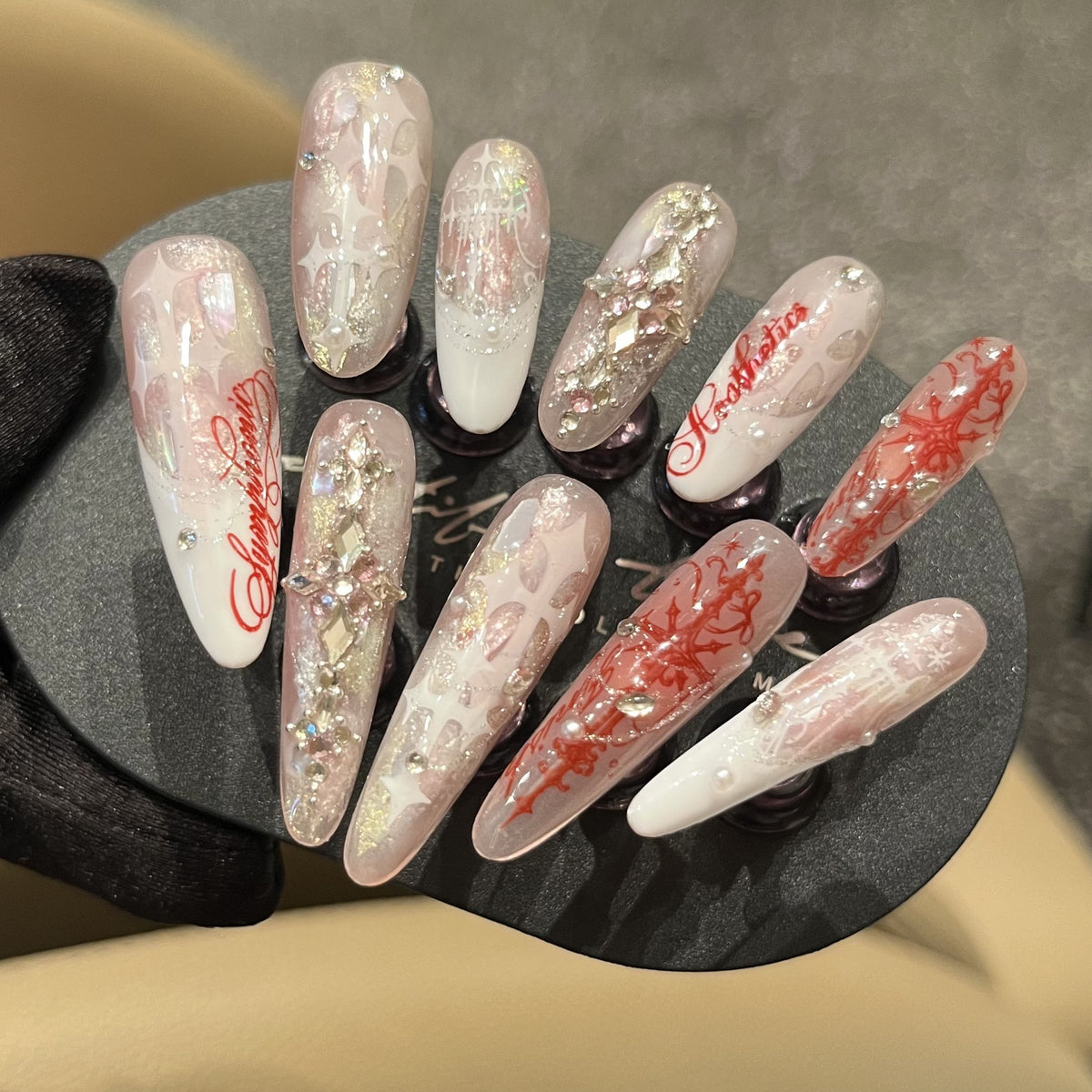Handcrafted Couture “Judgment Angel” Press-On Nails – Pink & White French Cross Design with Luxe Rhinestone Embellishments