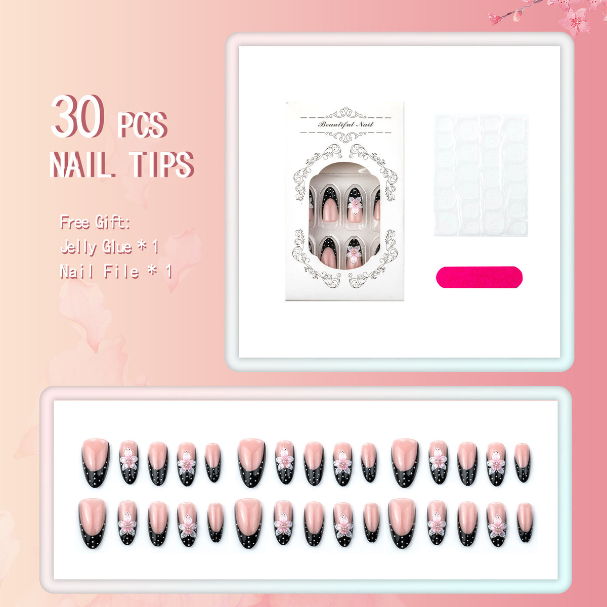 Sweet Blush Gradient Press-On Nails – 3D Flower, Rhinestone & Polka Dot French Almond Nails, 30-Piece Set