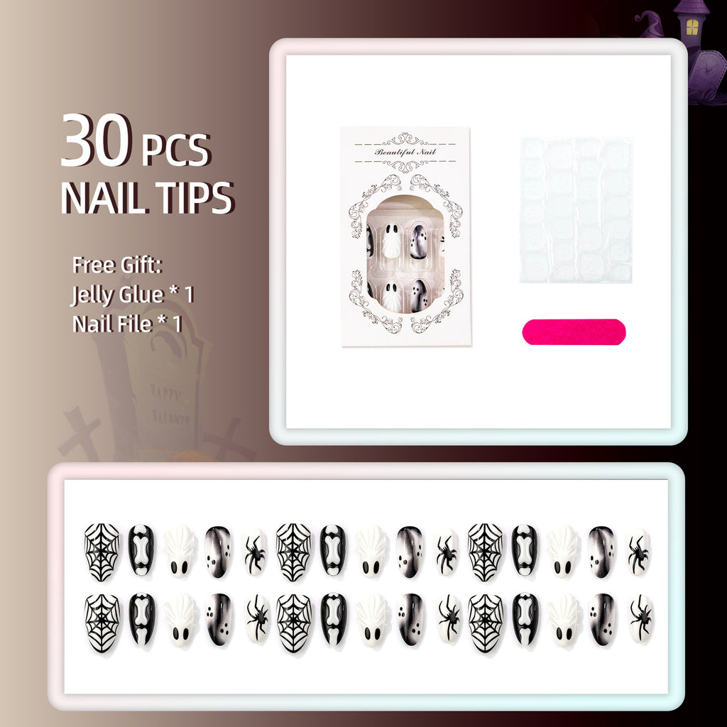 Cute 3D Ghost Halloween Press-On Nails – Short Almond Nails with Spider Web Design, In Stock