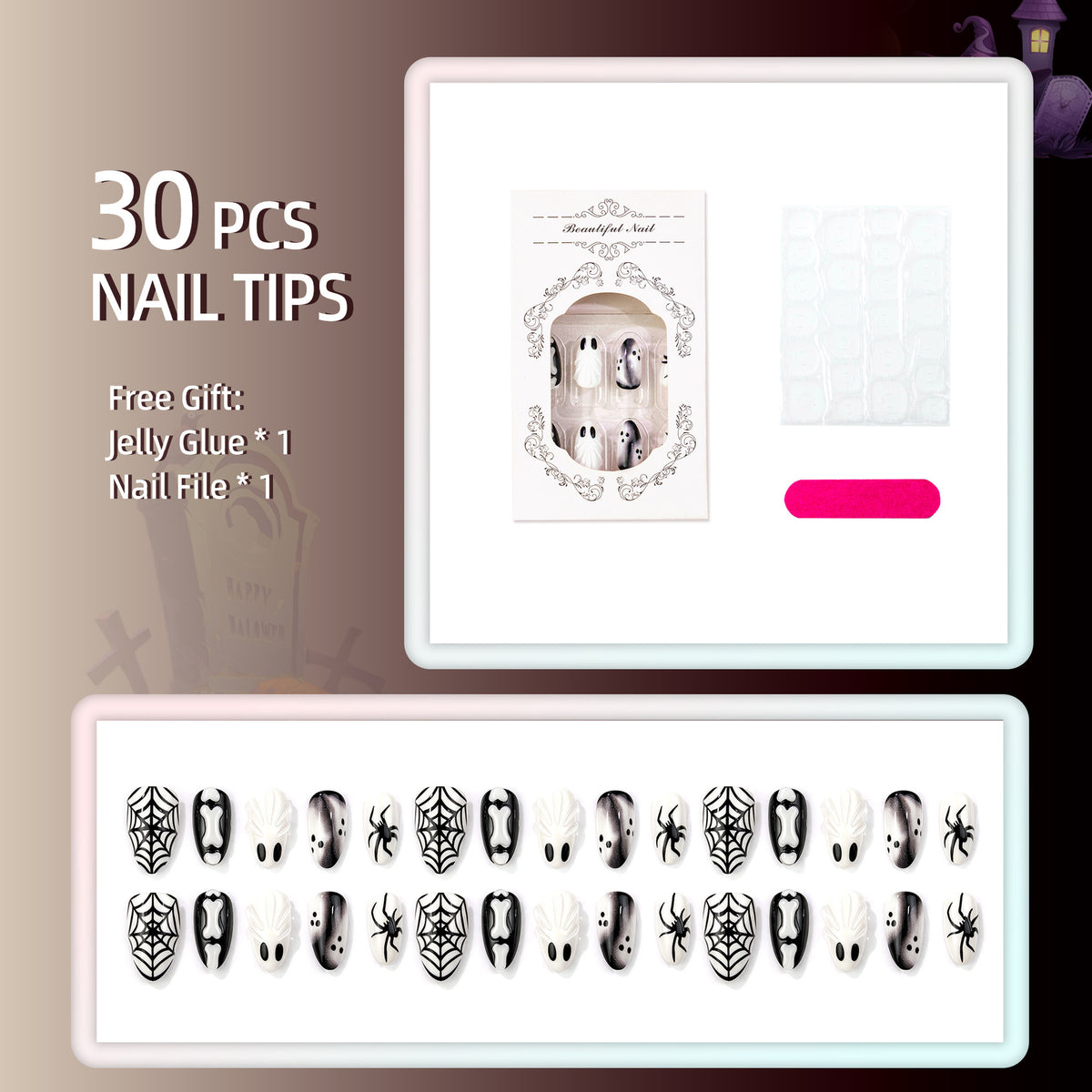 Cute 3D Ghost Halloween Press-On Nails – Short Almond Nails with Spider Web Design, In Stock