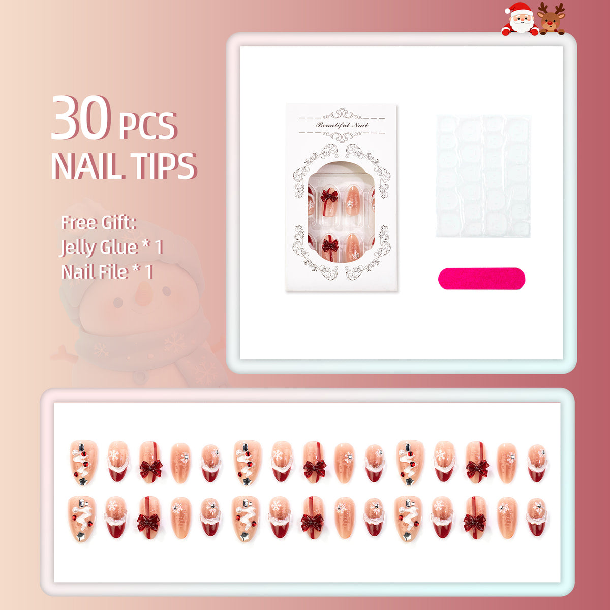 3D Snowflake Rhinestone Christmas Tree Almond Press-On Nails, Cute Bow French Tip Holiday Fake Nails, Glamorous Christmas Nail Art