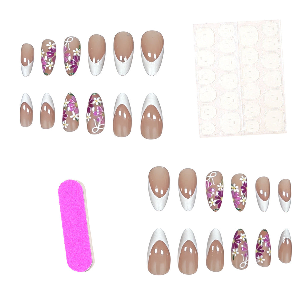 Handmade Daisy Bow French Press-On Nails, Sweet Floral Nail Art, Long Almond Shaped Fake Nails, Cute Elegant Manicure for Women