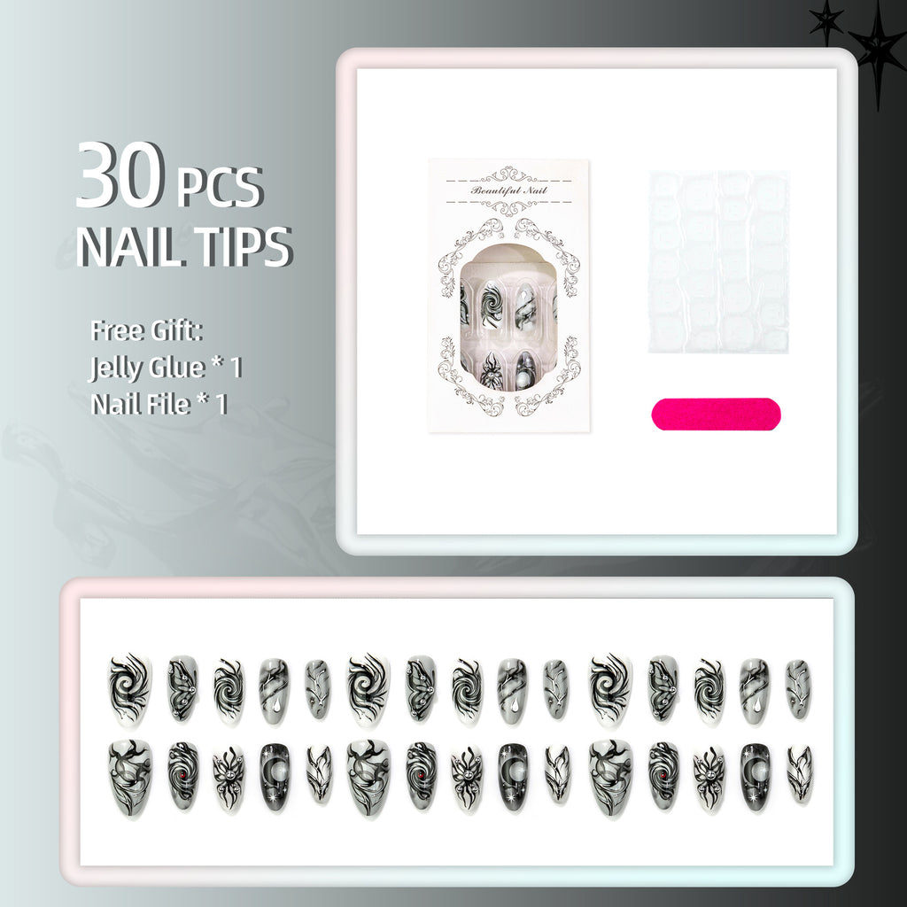 Y2K Gothic Press-On Nails – Dark Swirl & Gold Foil Almond Nail Set, 30 Pieces