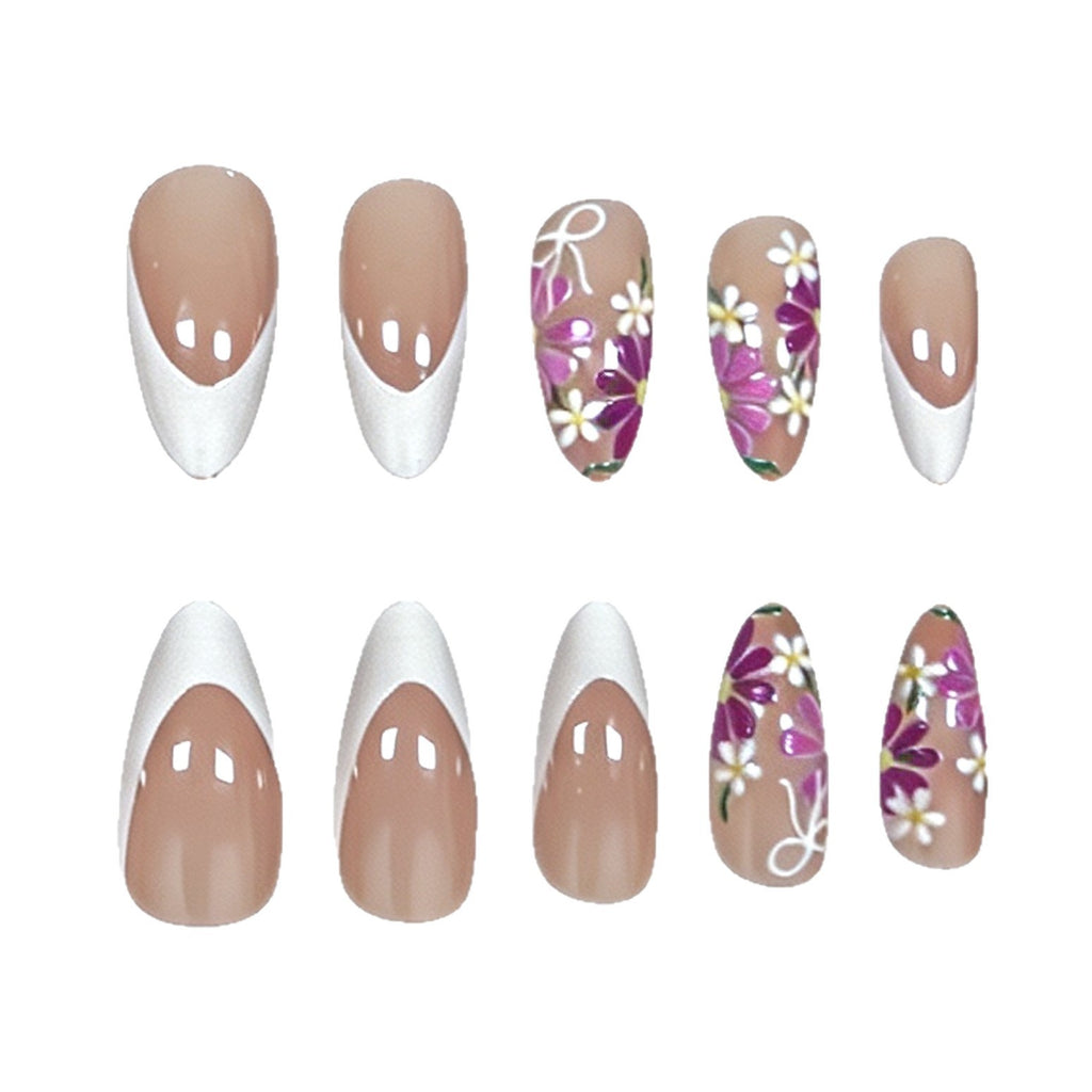 Handmade Daisy Bow French Press-On Nails, Sweet Floral Nail Art, Long Almond Shaped Fake Nails, Cute Elegant Manicure for Women