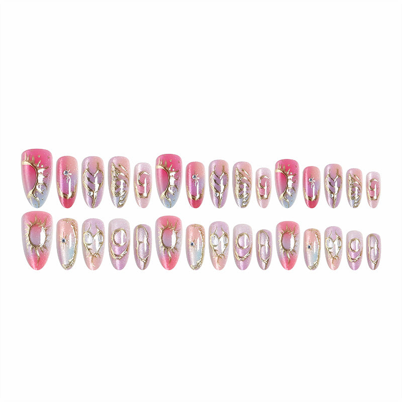 Handmade Luxury Press-On Nails, Aurora 3D Gold-Leaf Almond False Nails, Elegant Iridescent Nail Tips for Women