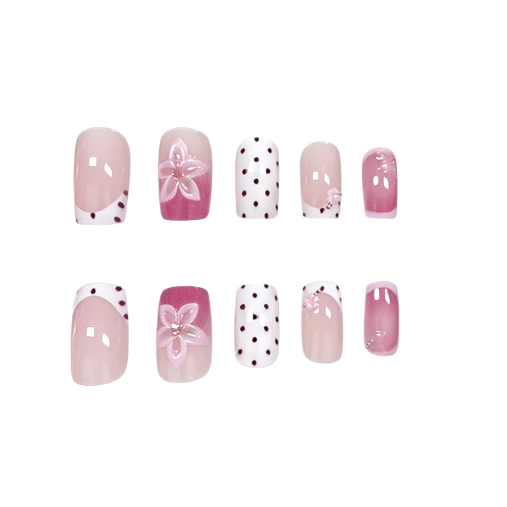 Handmade 3D Floral Press-On Nails with Embossed Flowers, Steel Ball Dots & French Tips, Medium-Long Square Nails