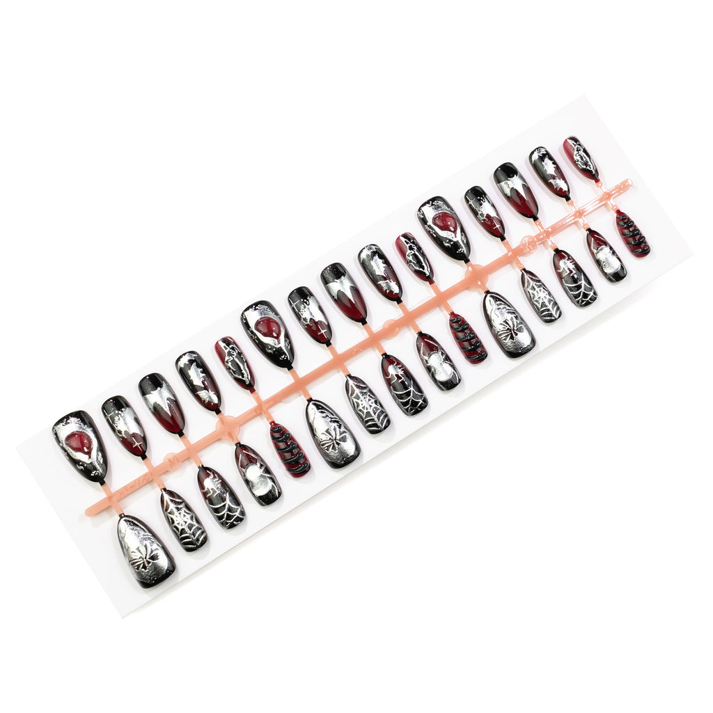 Y2K Halloween 3D Spider & Bat Almond Press-On Nails – Gold Embellished Design, 30-Piece Set