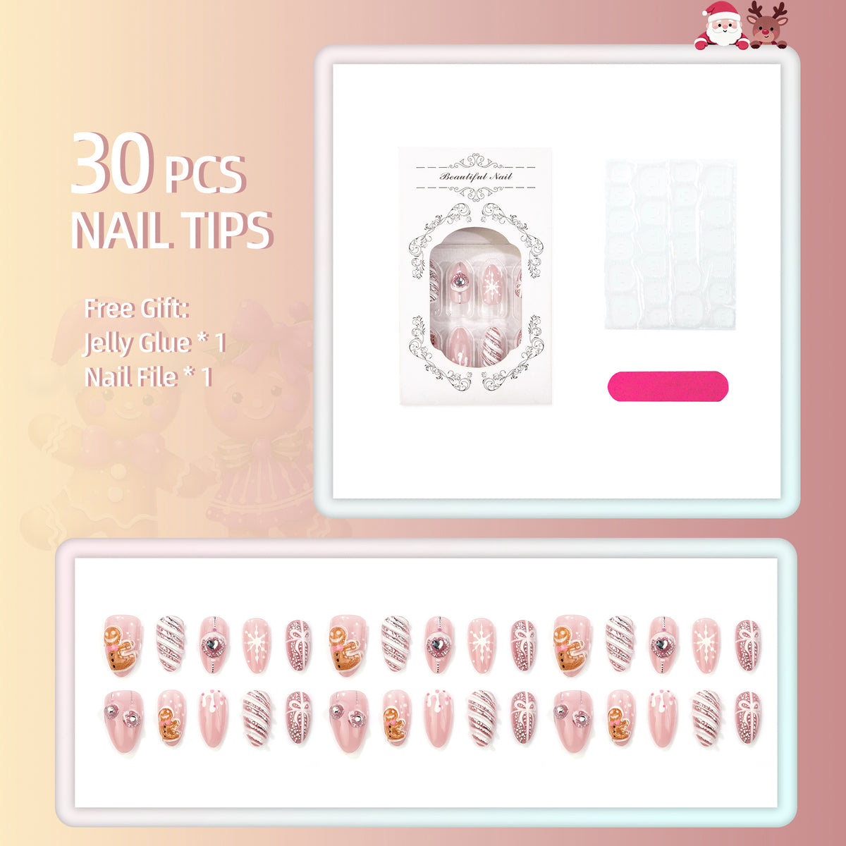 Christmas 3D Cute Snowman Almond Press-On Nails, Gold-Accented Snowflake Nail Tips, Sweet Holiday Fake Nails, 30-Piece Set
