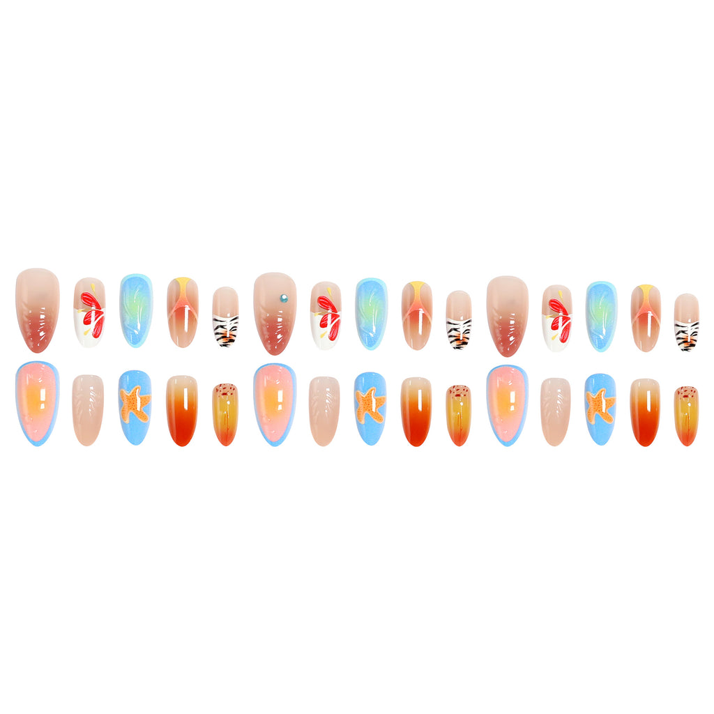 Handmade 3D Press-On Nails, Starfish & Seashell Almond False Nails with Floral Blush Gradient, Tropical Island Vacation Style Nail Tips for Women