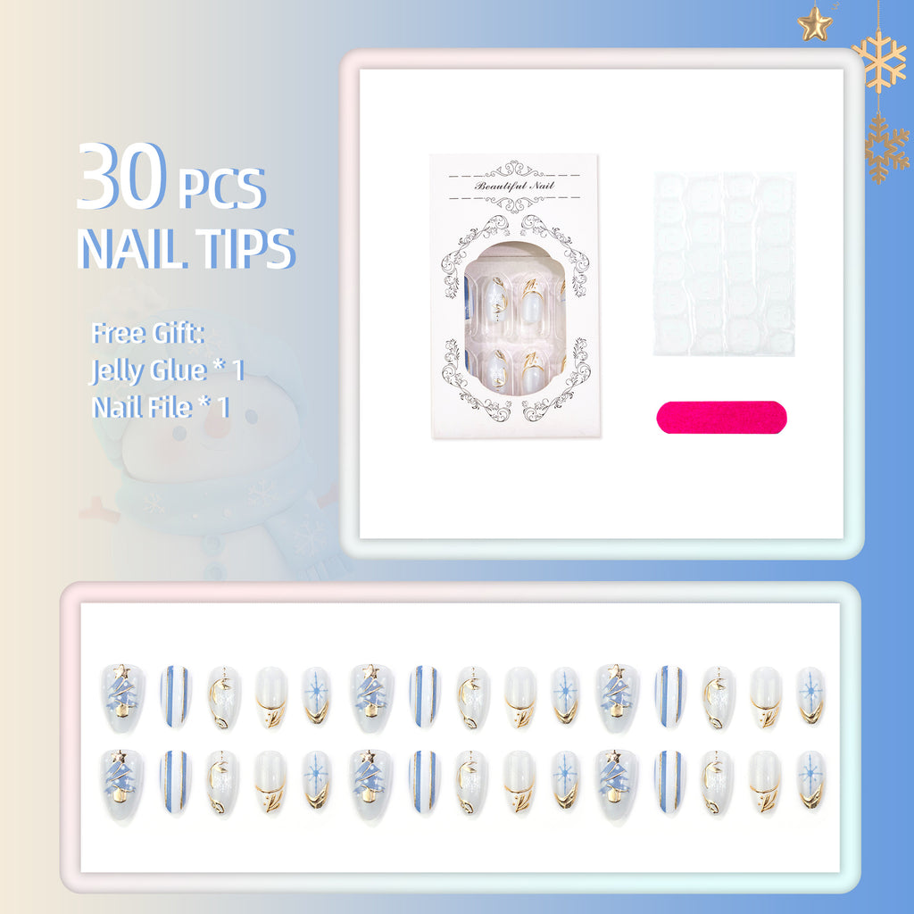 Christmas Gold Almond Press-On Nails – Sparkling Snowflake French Tips & Christmas Tree Design, 30-Piece Set**