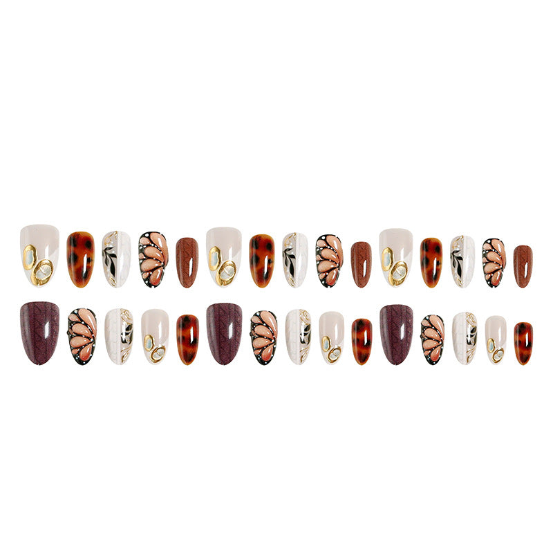 Handmade 3D Embossed Press-On Nails, Hand-Painted Butterfly & Leopard Print, Almond-Shaped Mocha Brown False Nails, Elegant Luxury Nail Tips for Women