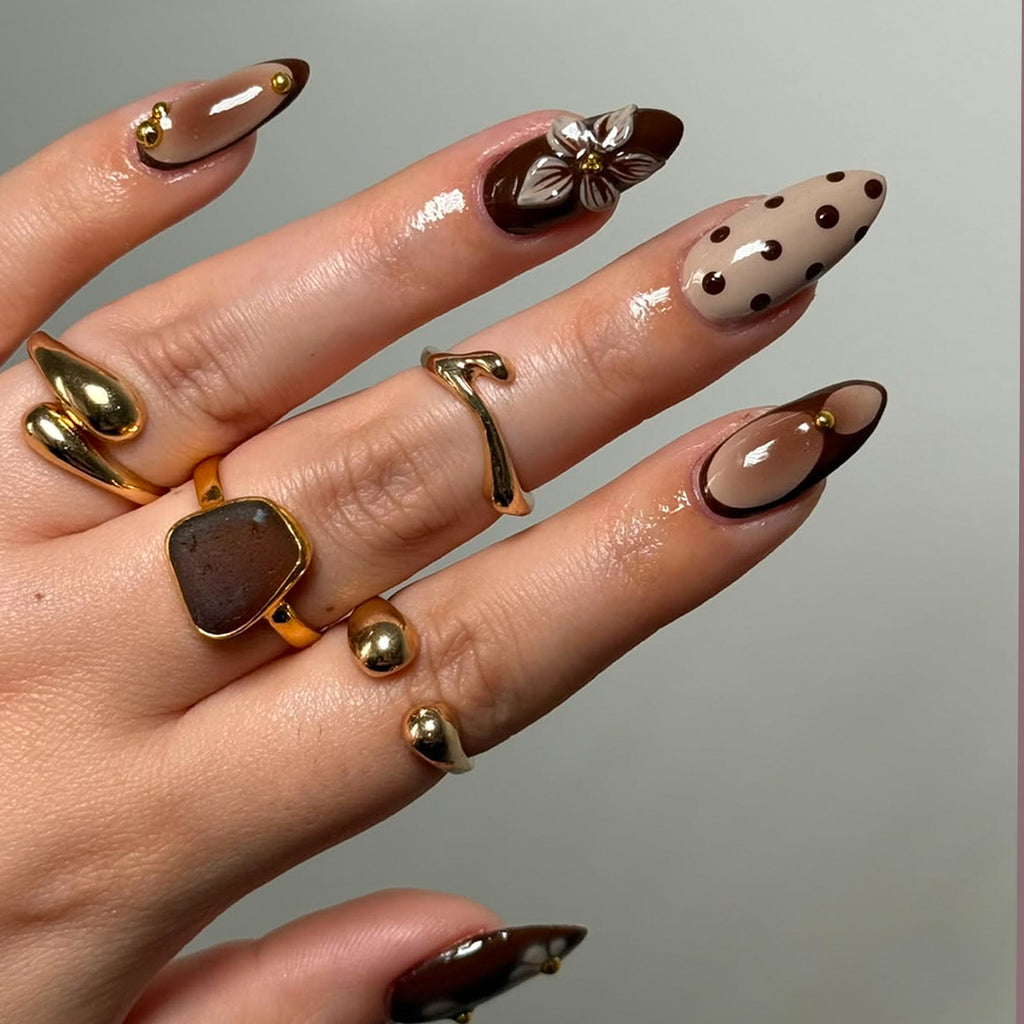 Handmade Almond French Tip Press-On Nails, Brown Polka Dot Floral False Nails, Trendy Reusable Nail Tips 🤎🌸💅