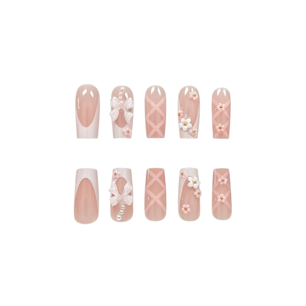 Handmade Pink & White Bow Flower Rhinestone French Press-On Nails, 24-Piece Long Square Fake Nails