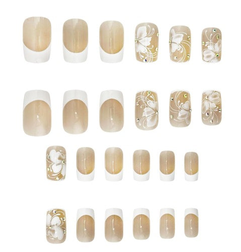 New Fashion Press-On Nails, Minimalist White French Floral Medium Square Nails with Glitter & Rhinestone Accents, Stylish False Nails