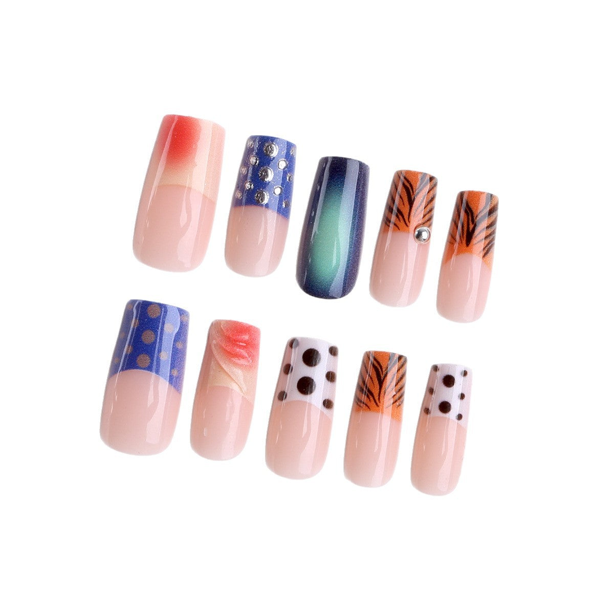 Handmade Long French Press-On Nails, Tubular Shape with Silver Bead Accents and Elegant Ombre Design, Premium False Nails for a Sophisticated Look
