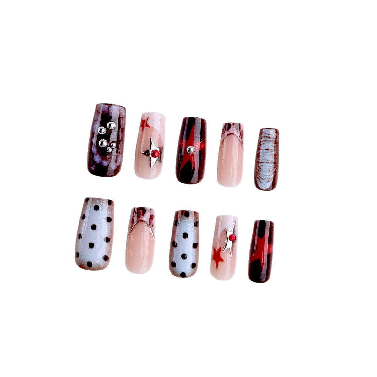 Handmade Medium Tubular Press-On Nails, Retro Polka Dot Nail Art with Rhinestone Embellishments, Sweet & Edgy Vintage False Nails
