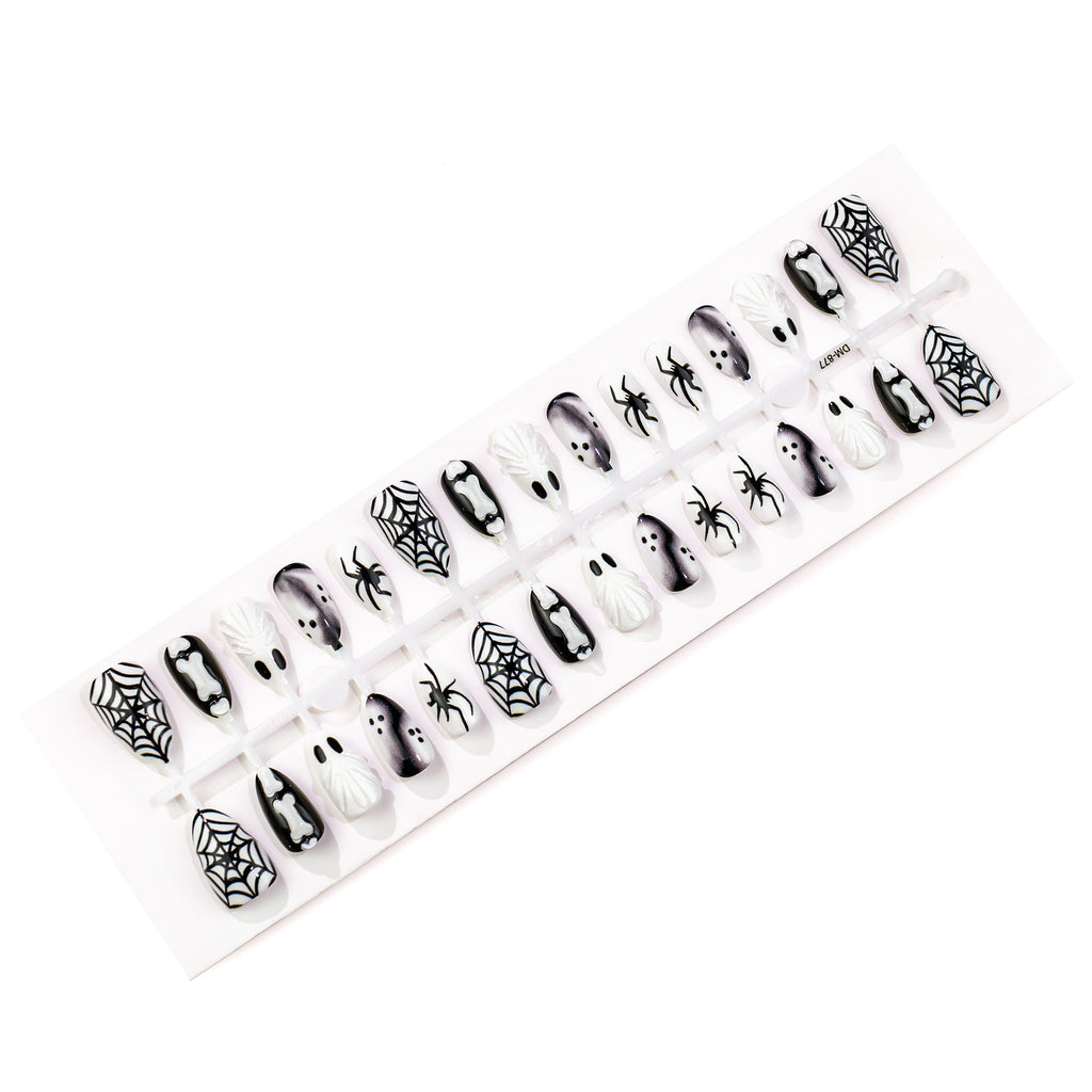 Cute 3D Ghost Halloween Press-On Nails – Short Almond Nails with Spider Web Design, In Stock