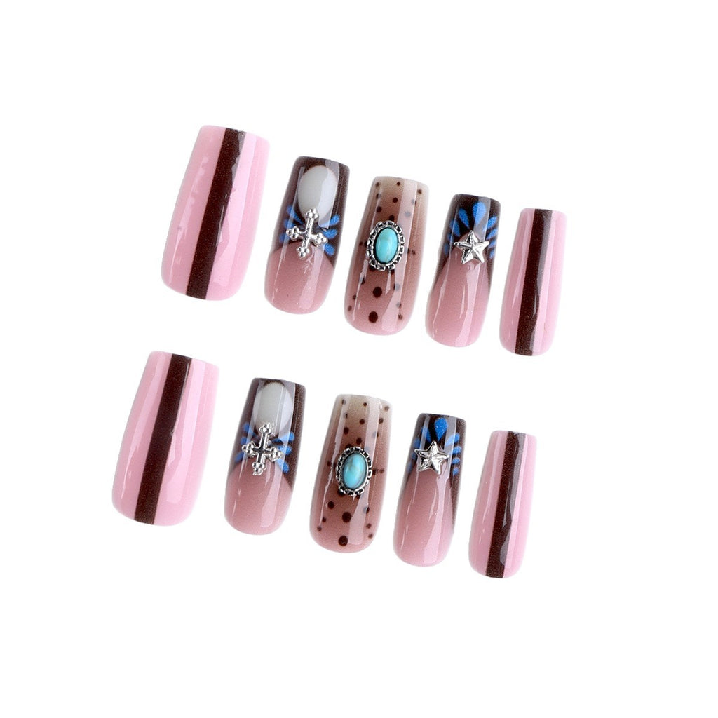 Bohemian 3D Embossed Press-On Nails, Handmade Inlaid Design Fake Nails, Elegant Boho Statement Manicure Set, Versatile Textured Nail Tips for Women