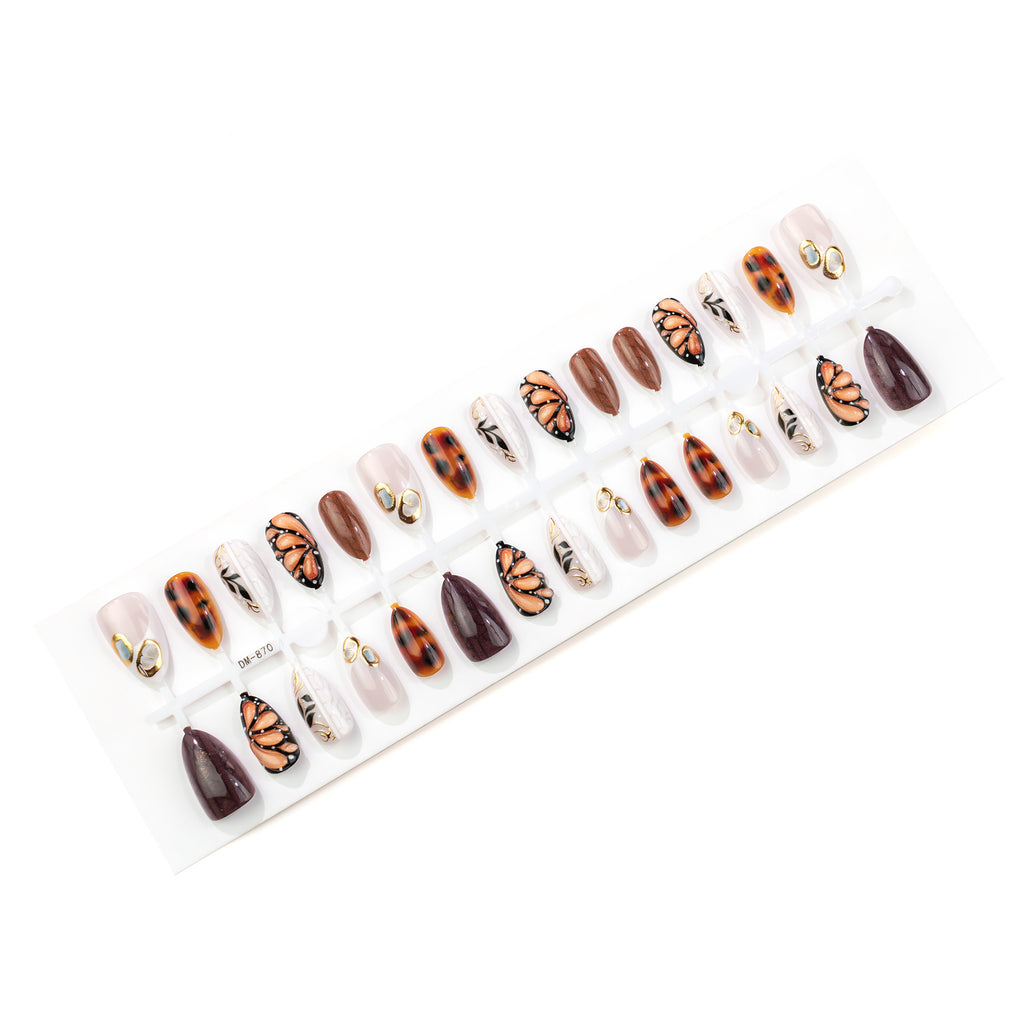 Fall Winter Brown Butterfly Almond Press-On Nails – Elegant Leopard Print & Gold Design, 30-Piece Set