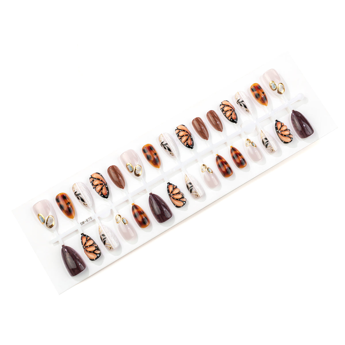 Fall Winter Brown Butterfly Almond Press-On Nails – Elegant Leopard Print & Gold Design, 30-Piece Set