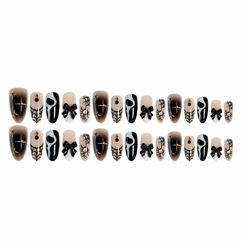 Handmade Halloween Almond Press-On Nails, Spider Web Design with Bow & Rhinestone Accents, Cute Trendy False Nails, Nail Tips for Women & Girls