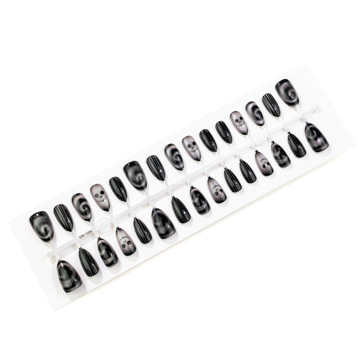 Halloween Black & White Ghost Cat Eye Almond Press-On Nails – Spooky Chic Design, 30-Piece Set