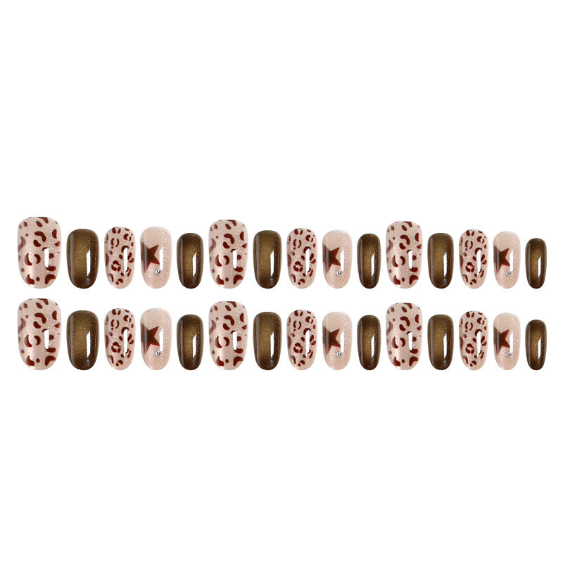 New Leopard Print Press-On Nails, Oval-Shaped Mocha Brown False Nails with Star Design, Trendy Statement Nail Tips for Women