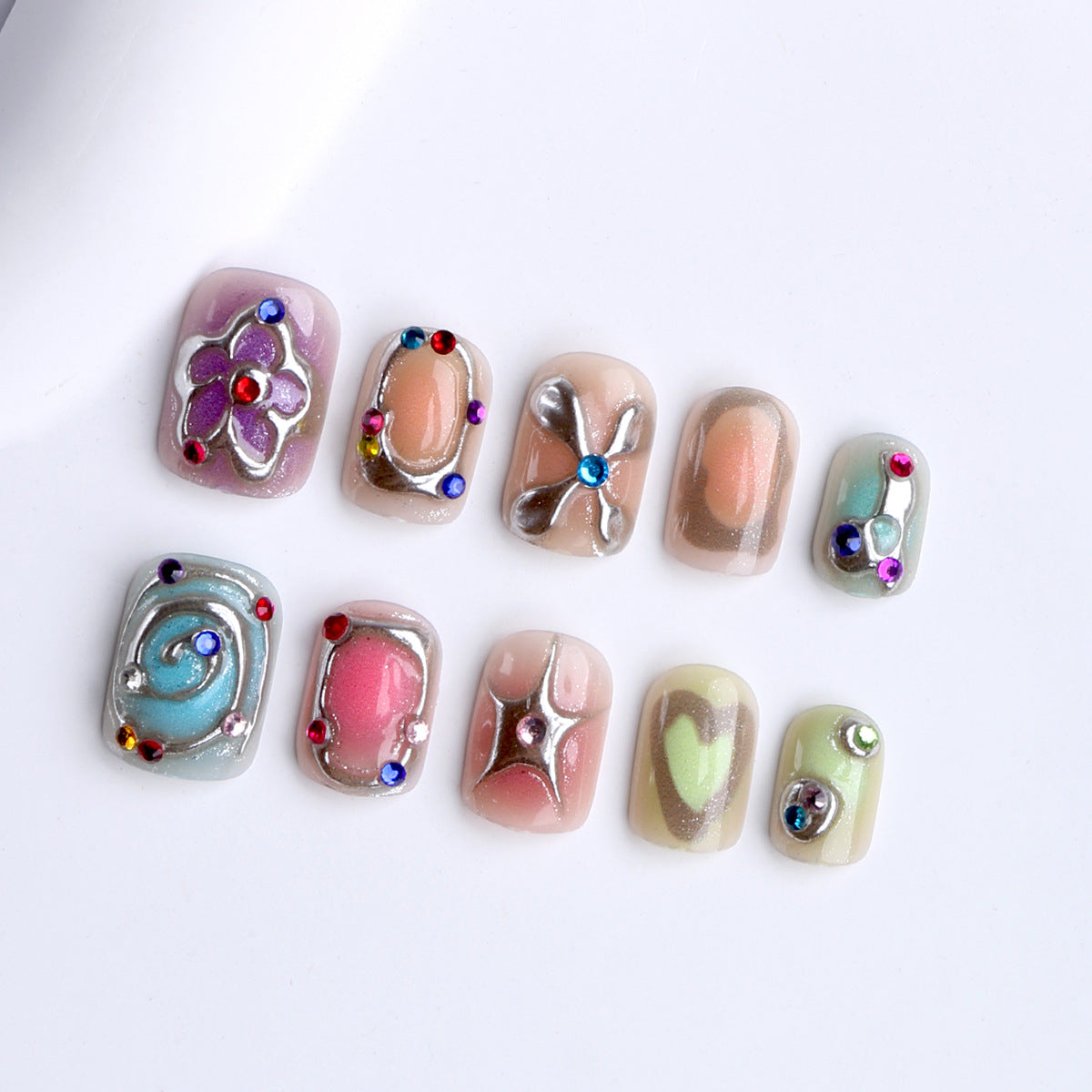 Short Oval 3D Press-On Nails, Mint Green False Nails with Raised Resin Details and Colorful Rhinestone Accents, Cute Everyday Nail Art