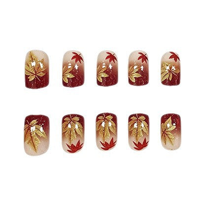 New Fall & Winter Press-On Nails, Glitter Gradient Maple Leaf Design, Vintage European & American Style, Short Square False Nails