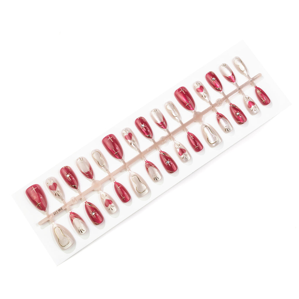 Sweet Heart Cat Eye Almond Press-On Nails with Elegant Gold French Tips – 30-Piece Nail Set