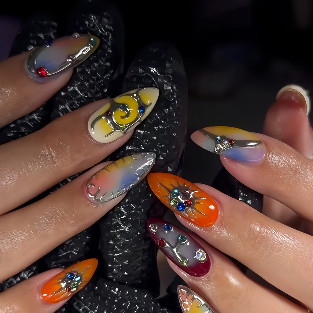 Luxury 3D Embossed Rhinestone Press-On Nails, Handmade Rainbow Almond Fake Nails, Edgy Punk Statement Manicure Set, Glamorous Decorative Nail Tips for Women