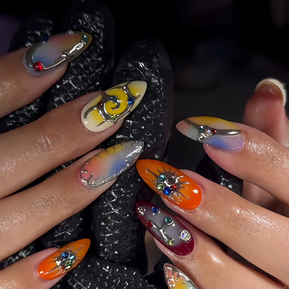 Luxury 3D Embossed Rhinestone Press-On Nails, Handmade Rainbow Almond Fake Nails, Edgy Punk Statement Manicure Set, Glamorous Decorative Nail Tips for Women