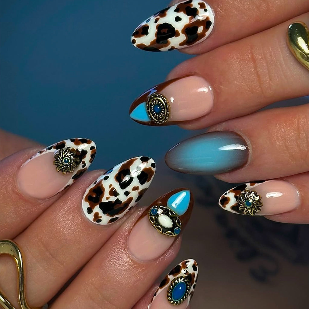 Almond Cow Print Press-On Nails, Retro Luxe Embossed Design, Stylish 3D Textured False Nail Tips 🐄🤎💅