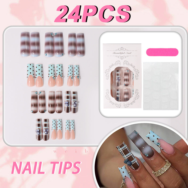 Y2K Blue & Brown Plaid Polka Dot Press-On Nails – 3D Blueberry Design, Unique Long False Nails