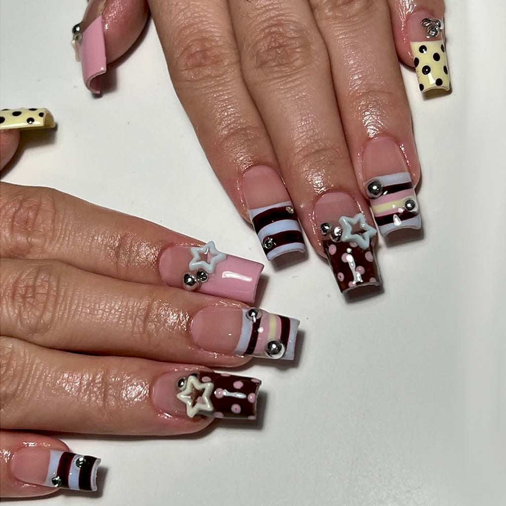 European & American Style Polka Dot Y2K Star Press-On Nails, Handmade Rhinestone Nail Tips, Trendy False Nails 💅⭐✨