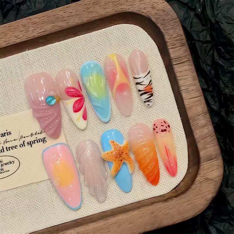 Handmade 3D Press-On Nails, Starfish & Seashell Almond False Nails with Floral Blush Gradient, Tropical Island Vacation Style Nail Tips for Women
