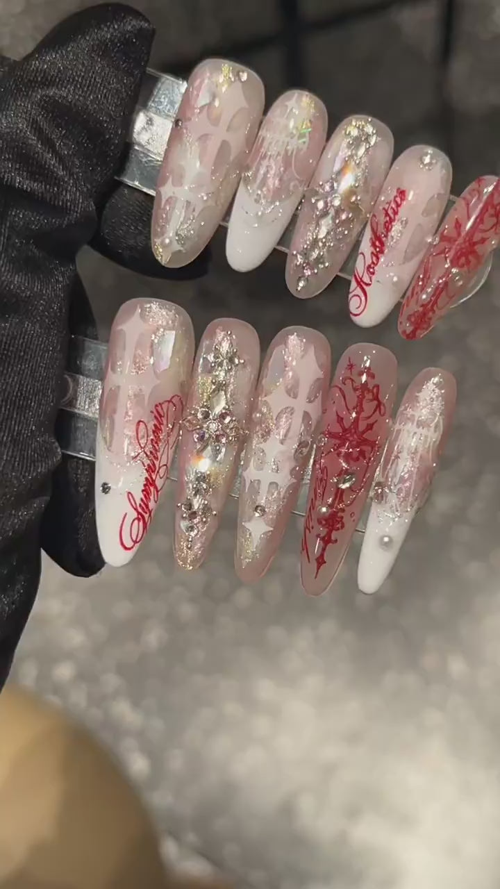 Handcrafted Couture “Judgment Angel” Press-On Nails – Pink & White French Cross Design with Luxe Rhinestone Embellishments